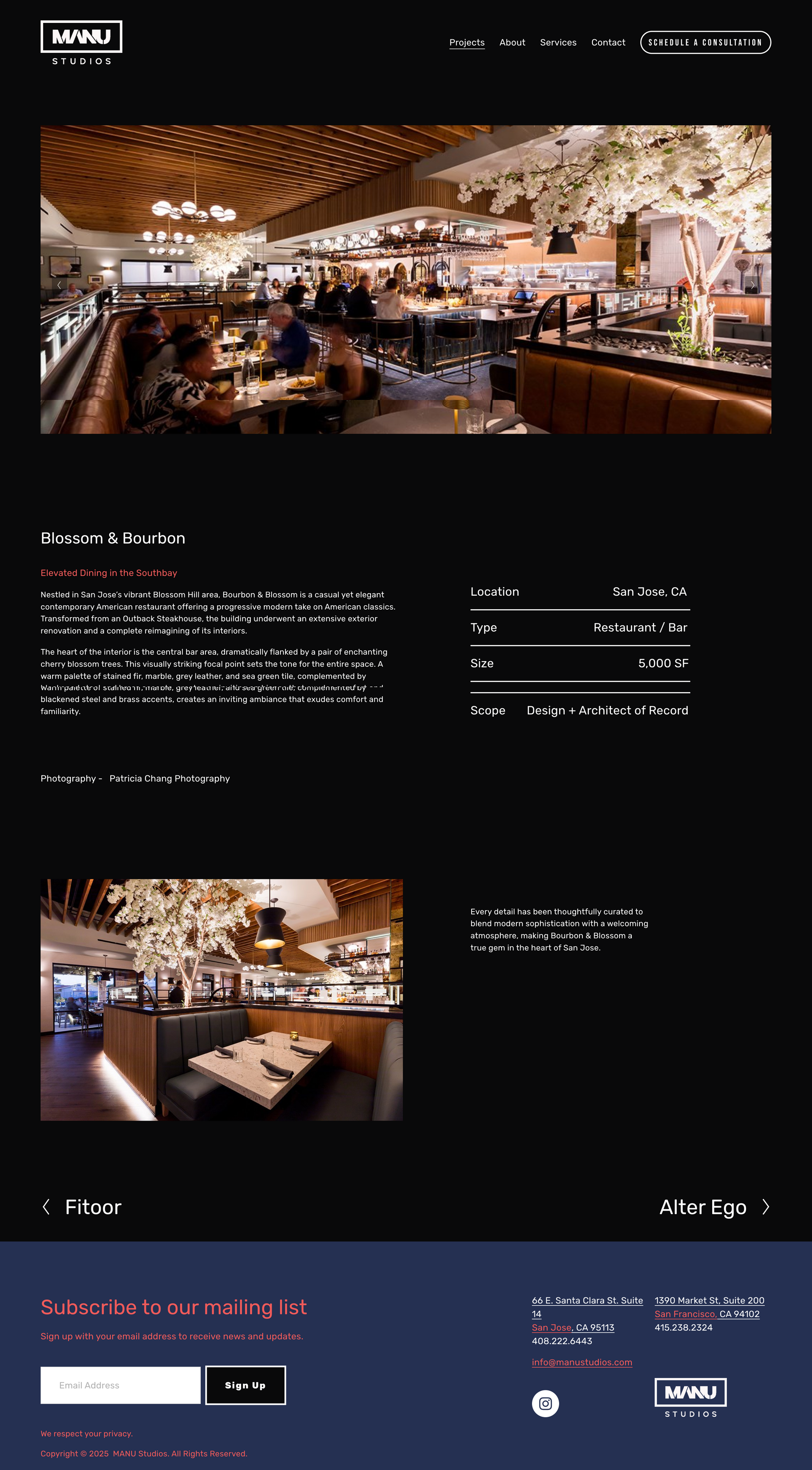 Dark-themed restaurant website page showing a warmly lit dining room, menu details, and a reservation form.