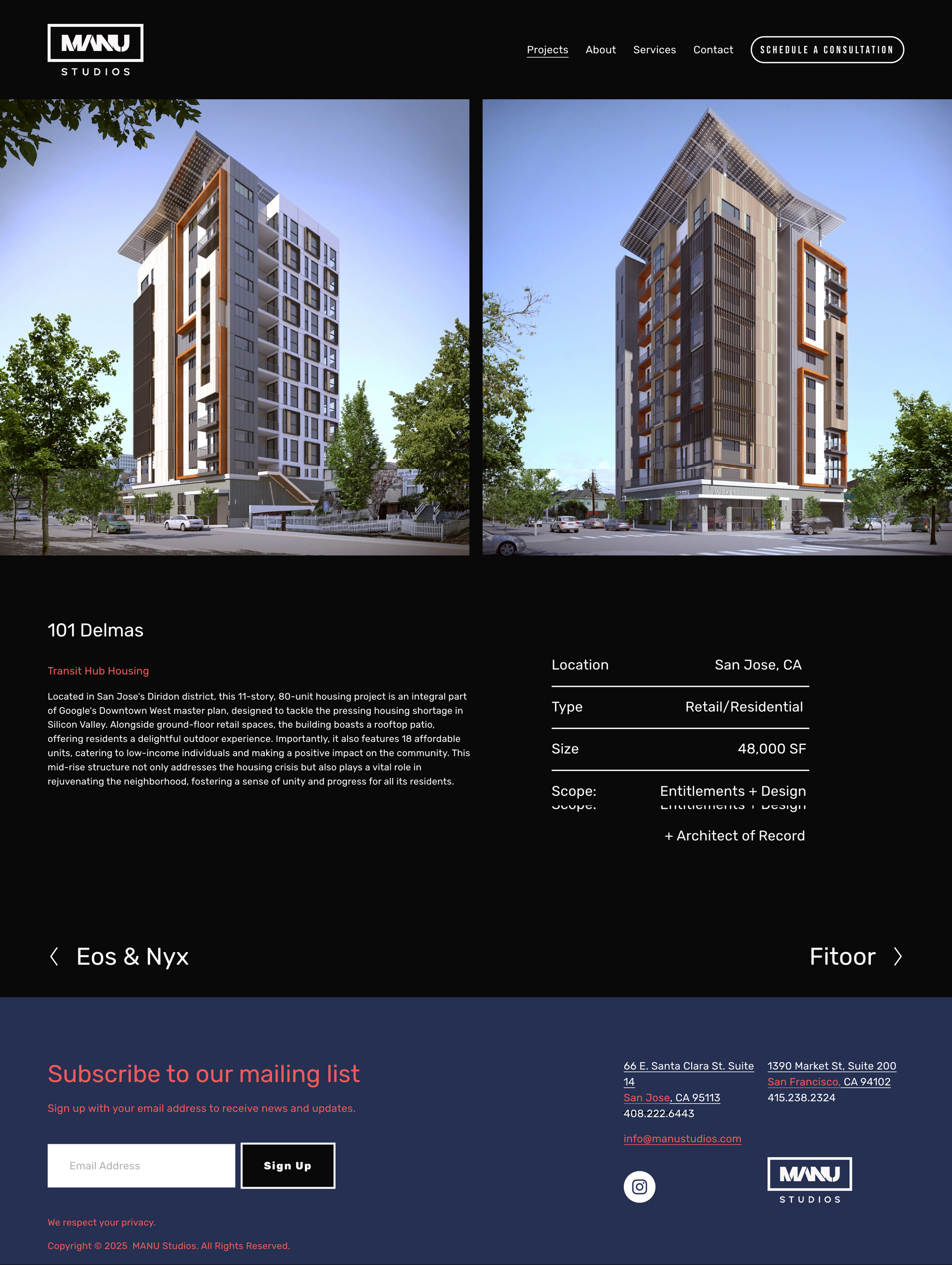 Modern apartment building concept page with two exterior renderings and floor plan details on a dark layout