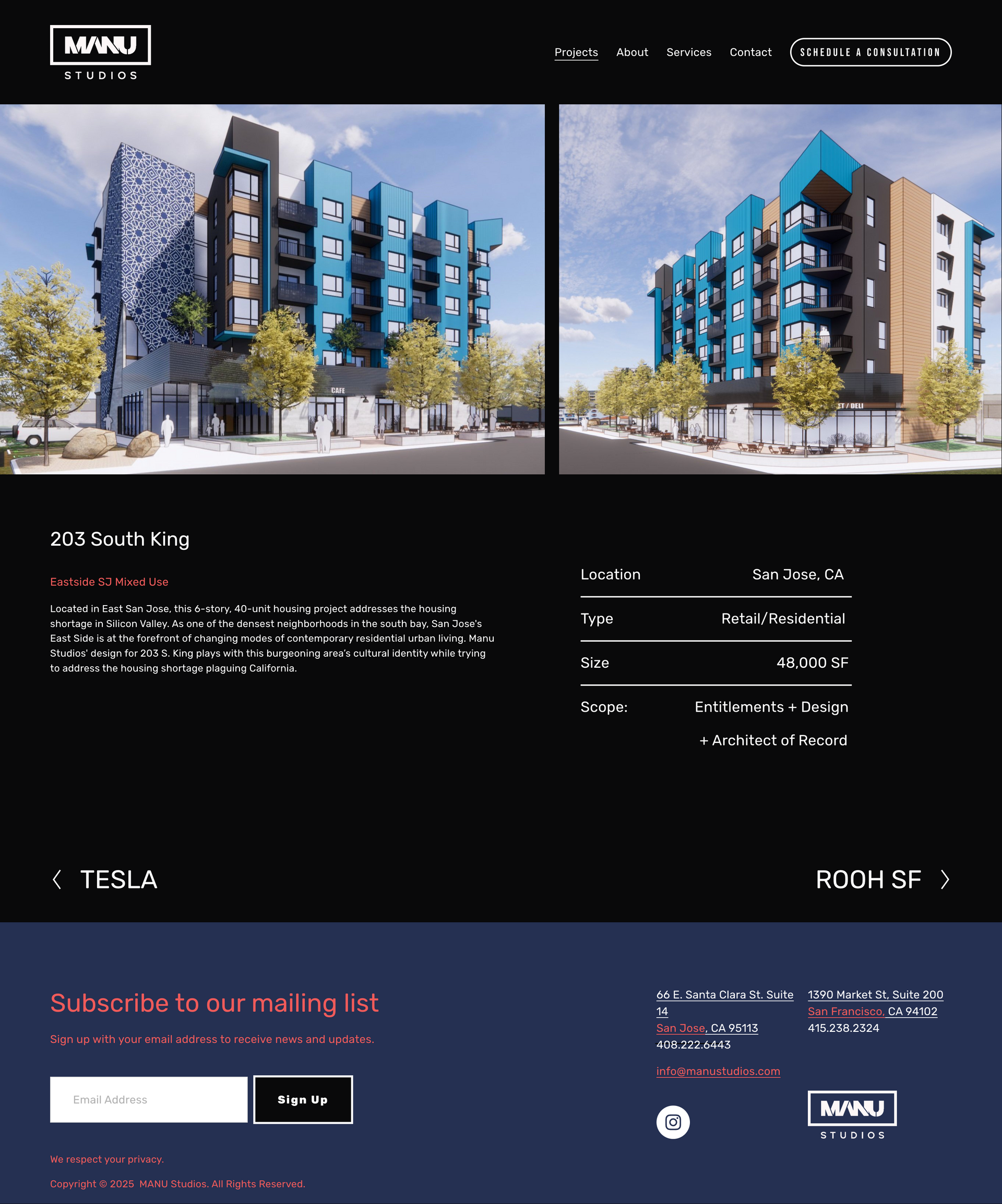 Dark-themed architecture website showcasing two modern blue apartment buildings side by side