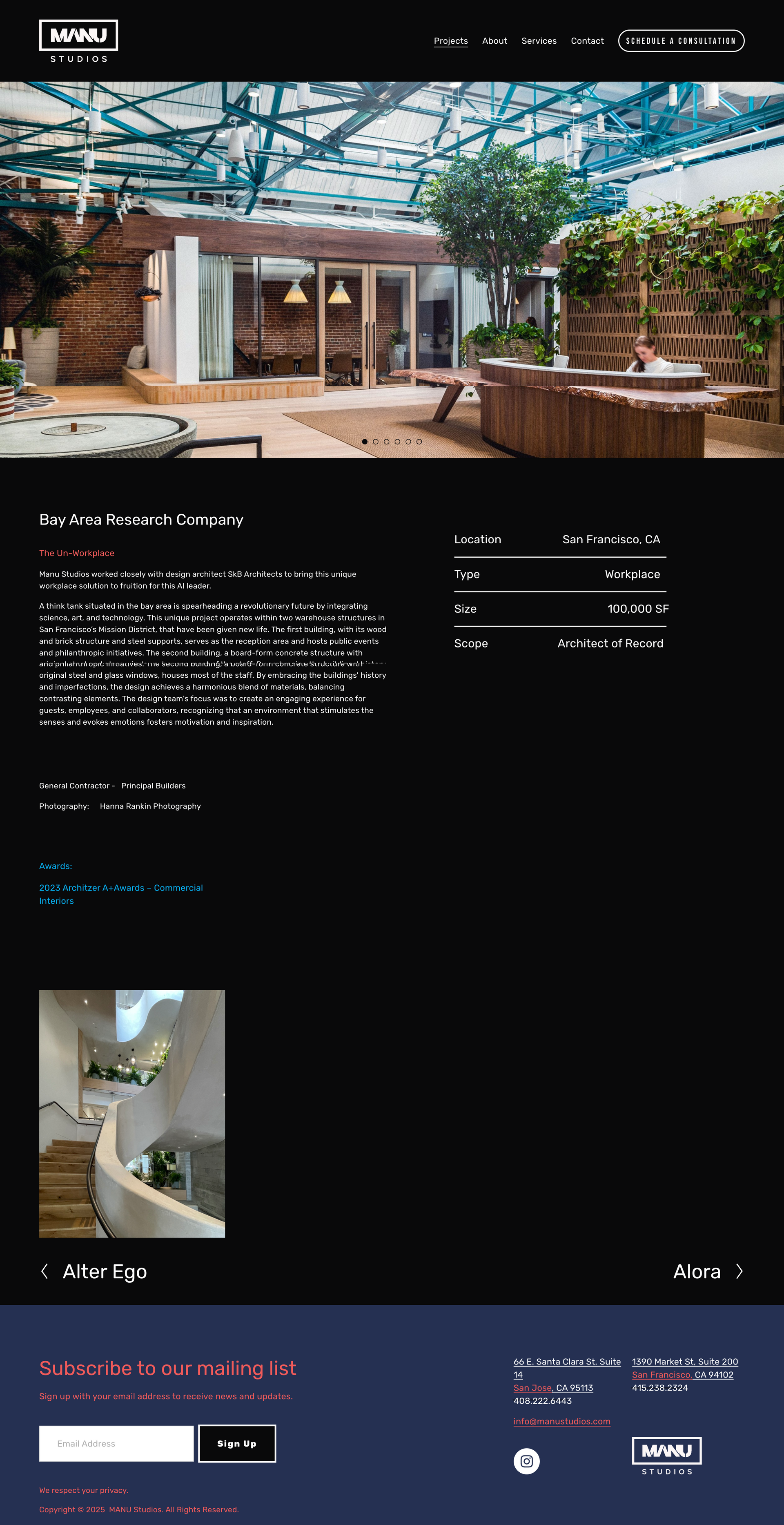 Dark-themed real estate listing page featuring a patio courtyard, interior photo, and property details.