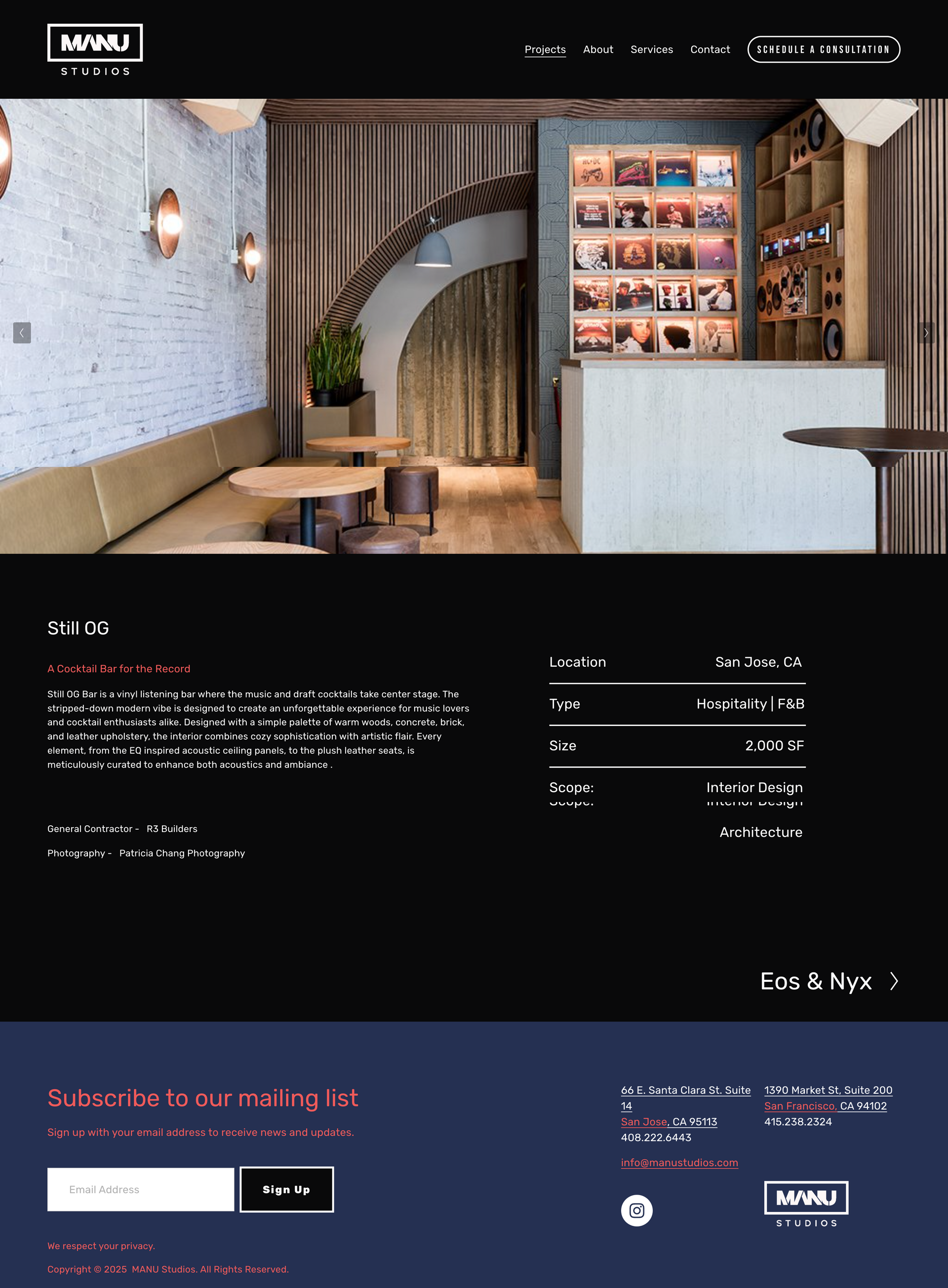 Stylish café website page with a cozy arched seating area, menu text, and reservation details.