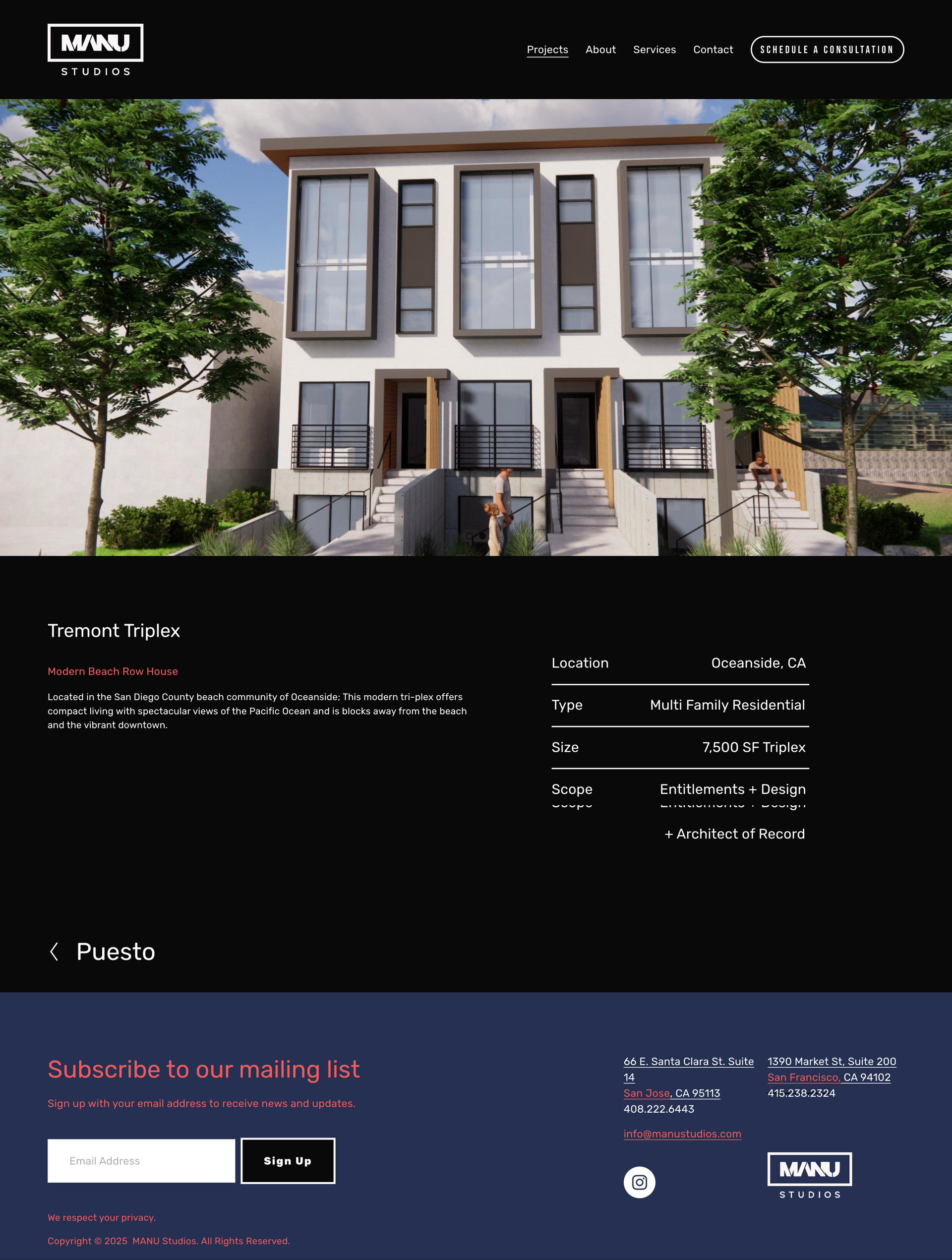 Real estate listing page showing a modern townhouse exterior with a contact and inquiry panel below.