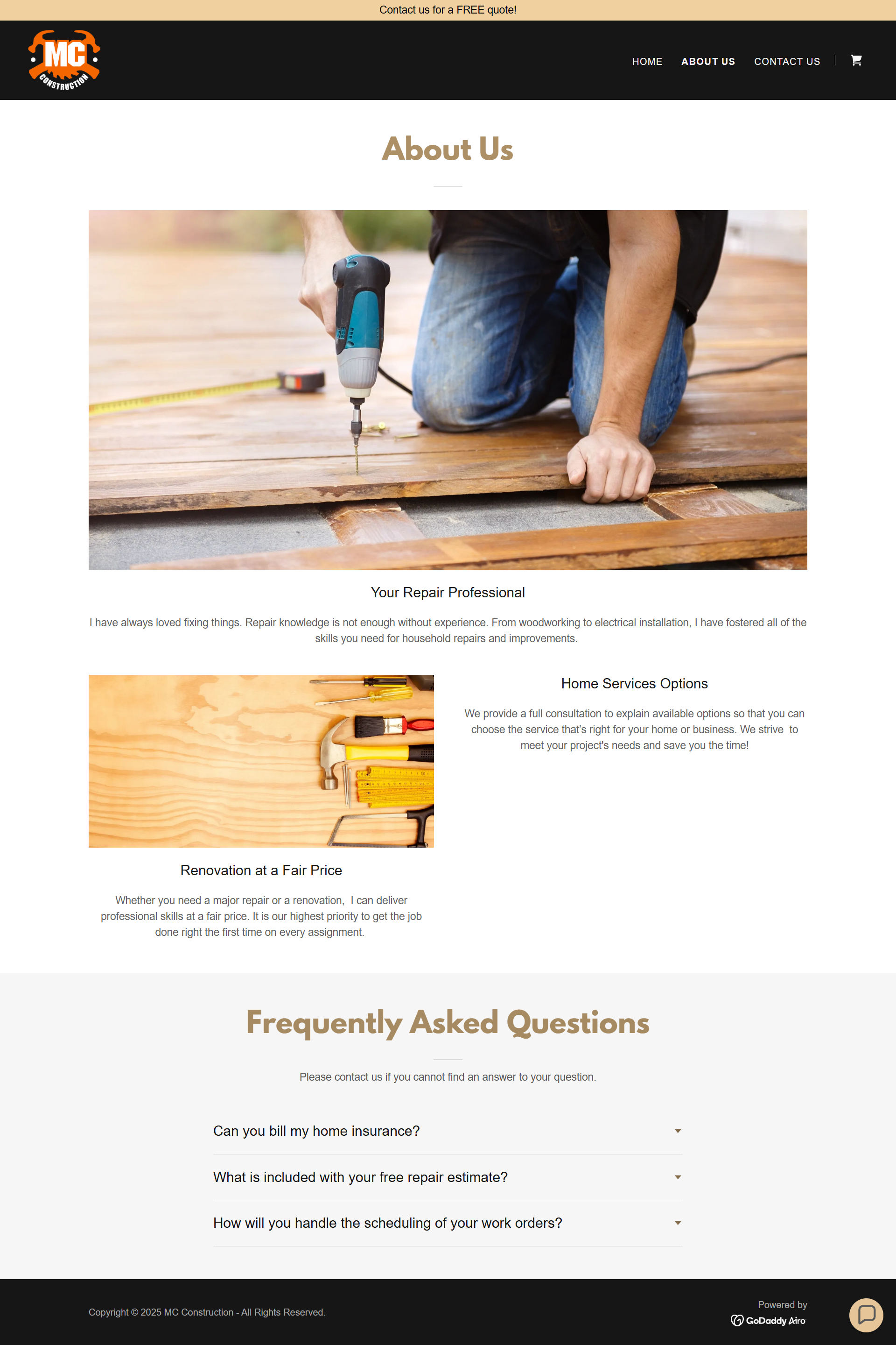 About Us webpage with a worker using a drill on a wooden floor and FAQ section below