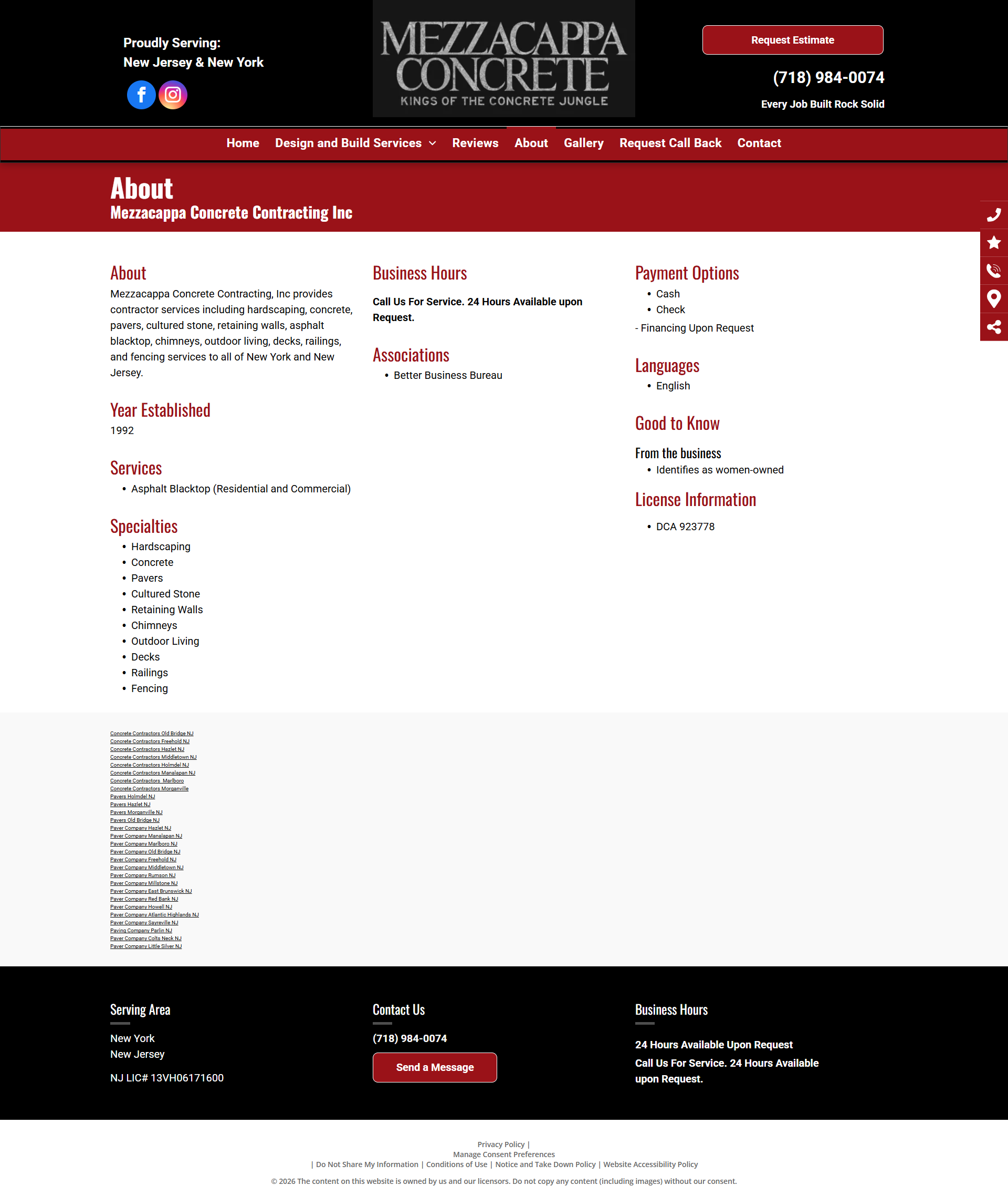 Website homepage with red header and white content area, showing navigation and business information sections