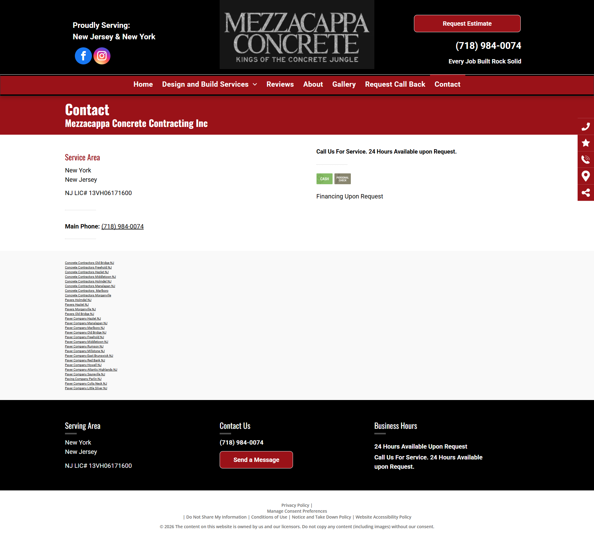 Contact page for Mezzacappa Concrete with red-and-black header and site navigation.