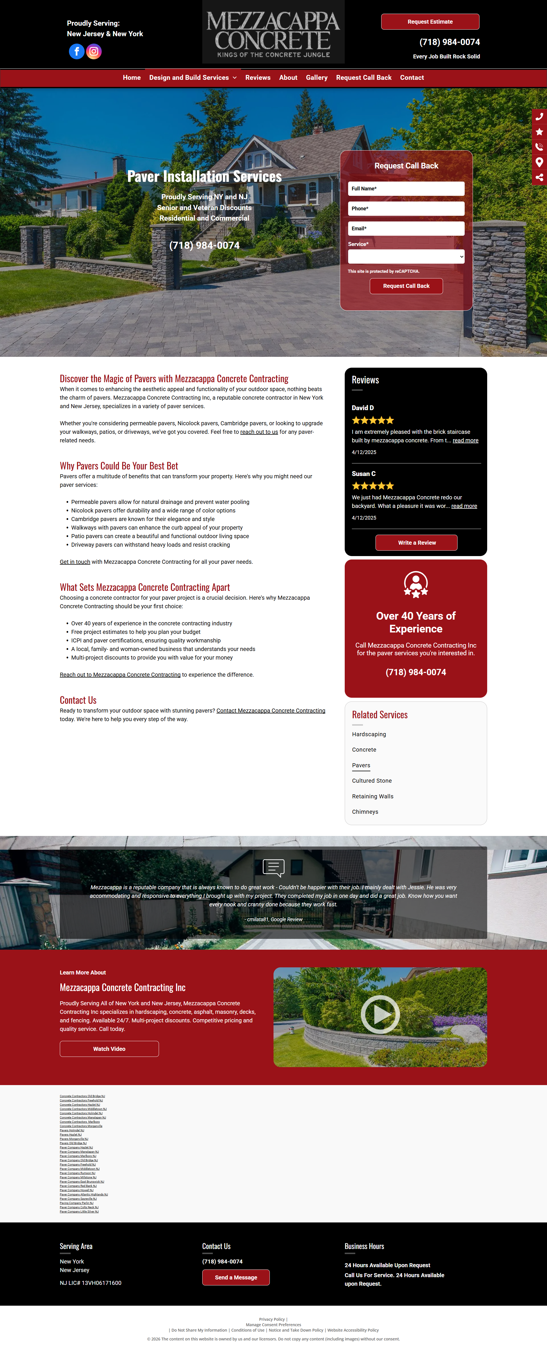 Hotel website homepage with garden photo, red booking panel, and contact details on a white layout