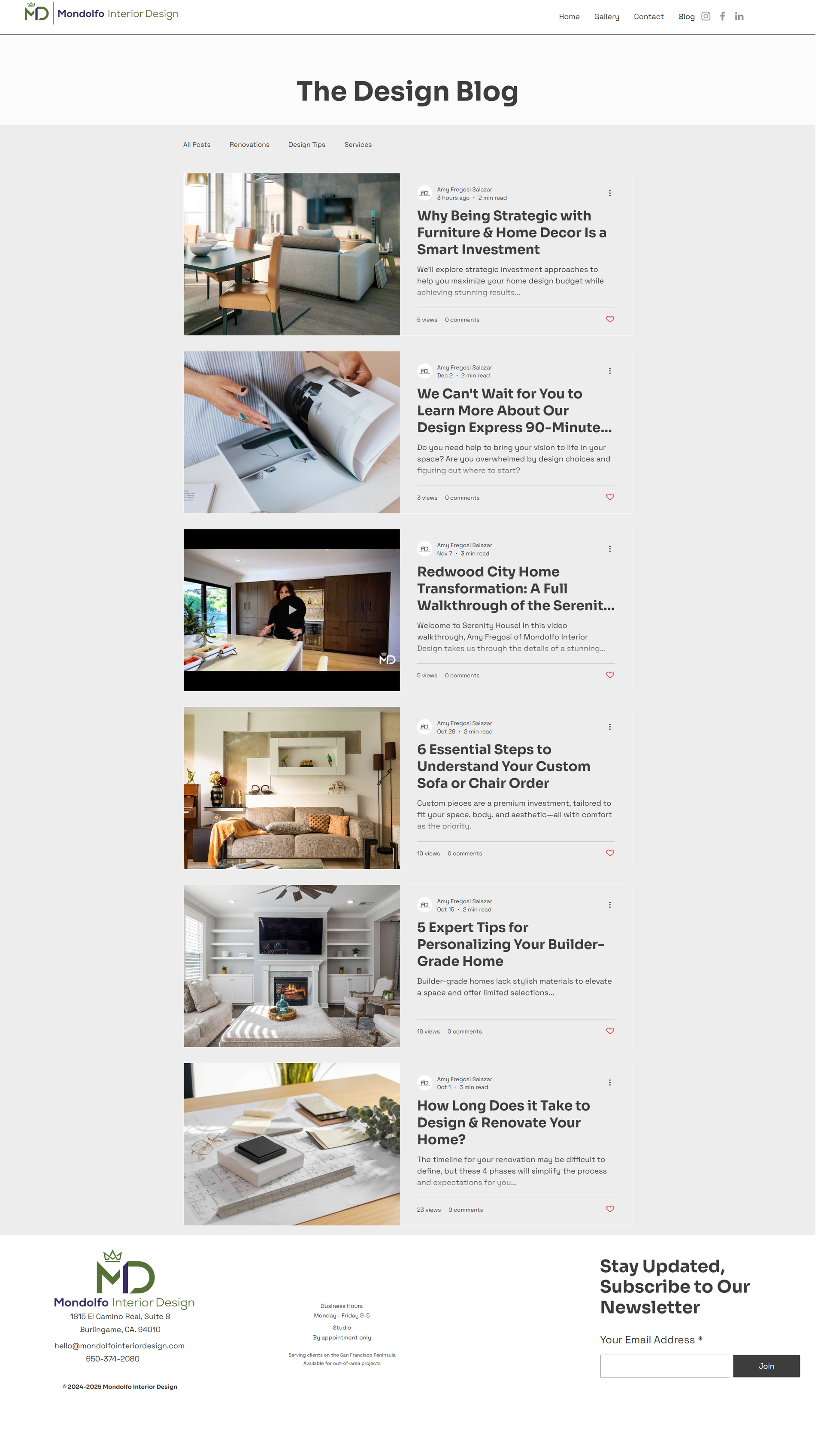 Blog page titled “The Design Blog” with stacked interior design article thumbnails and text excerpts