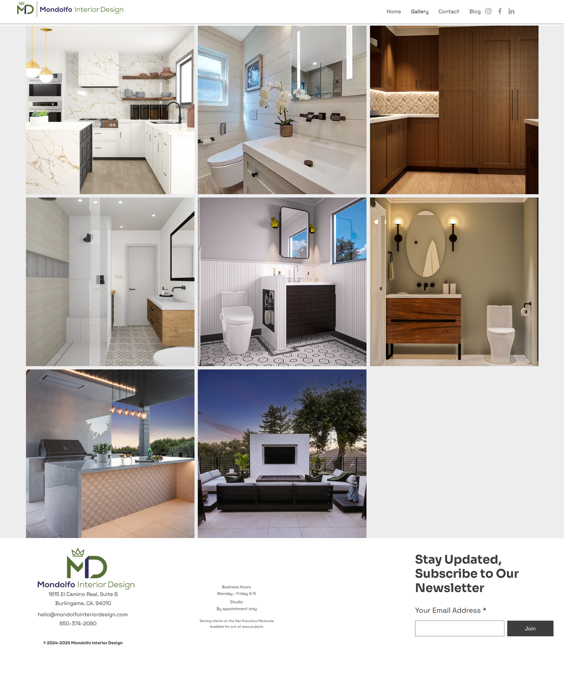 Interior design portfolio grid of modern white-and-wood rooms, bathrooms, and a patio with fireplace.