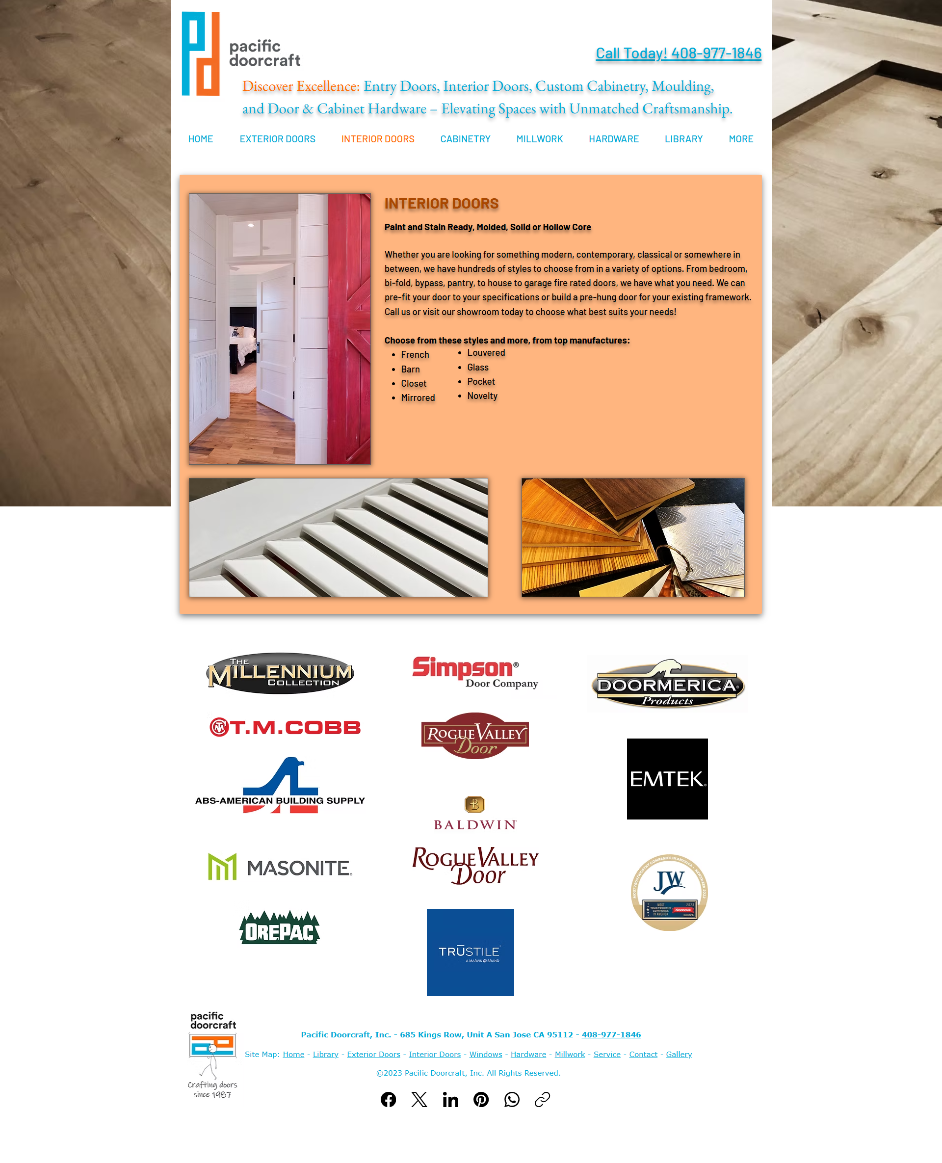 Website homepage for a flooring company with wood floor photos, product details, and brand logos