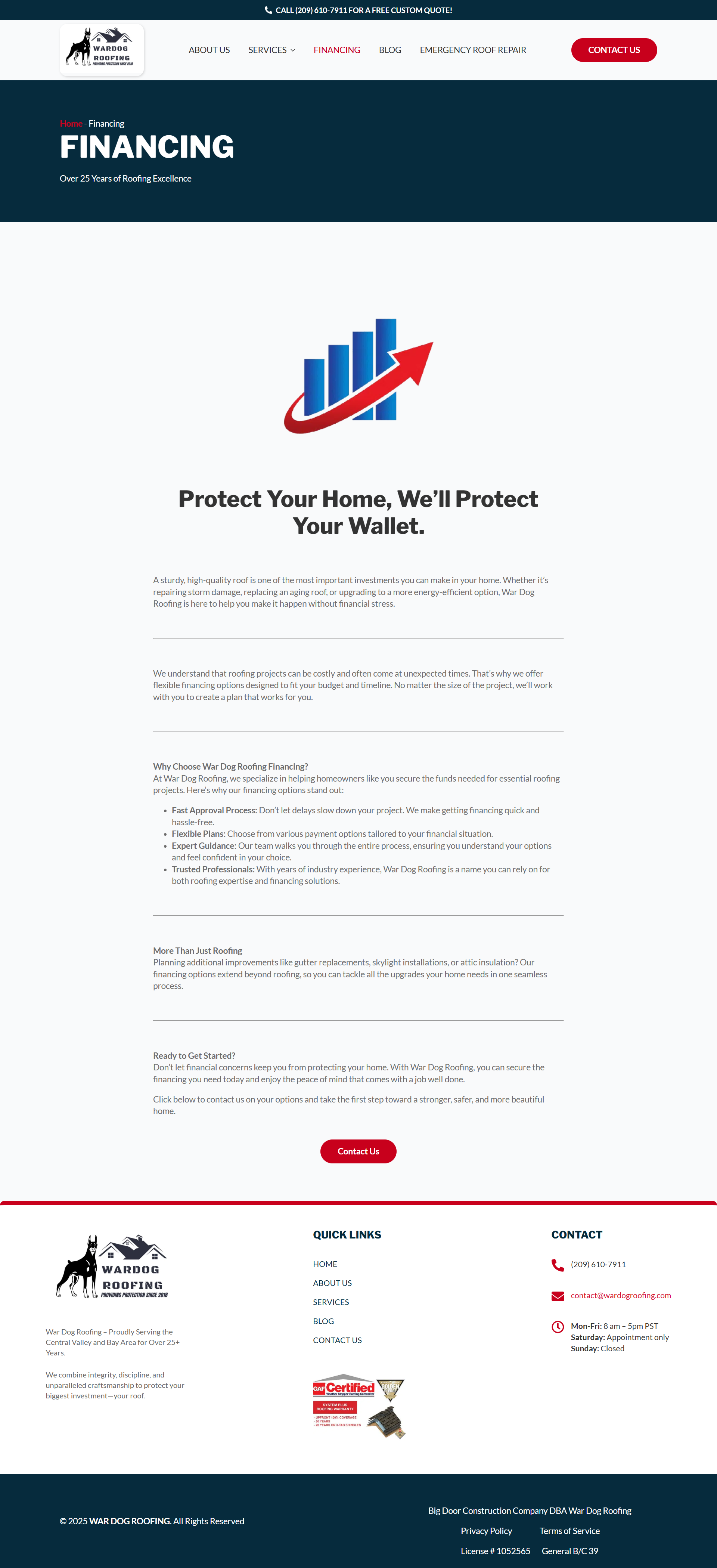 Homepage with dark blue header, central logo, and a white content section with a red call-to-action button