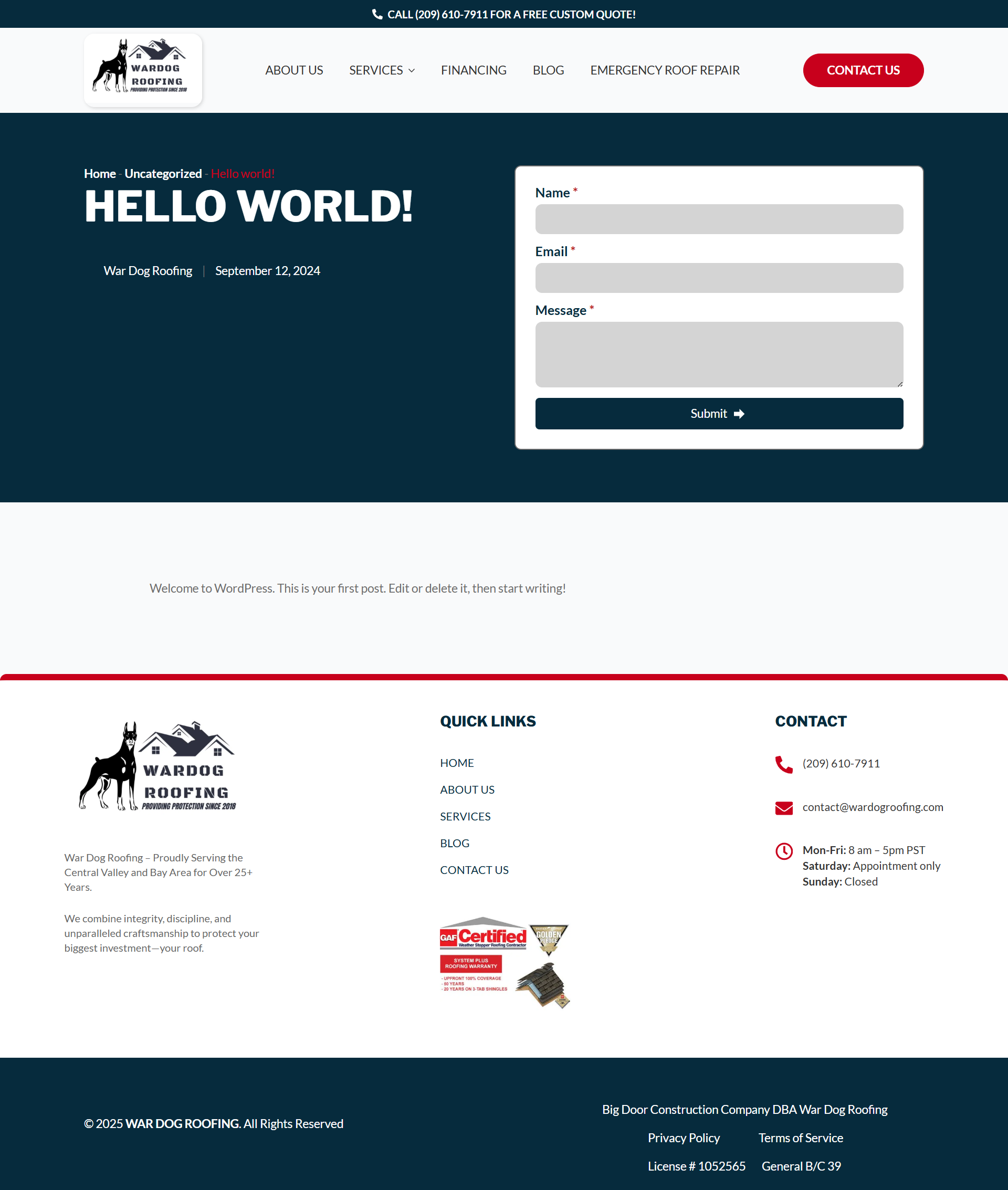 Website homepage with dark teal hero banner, “Hello World!” text, and a white contact form on the right