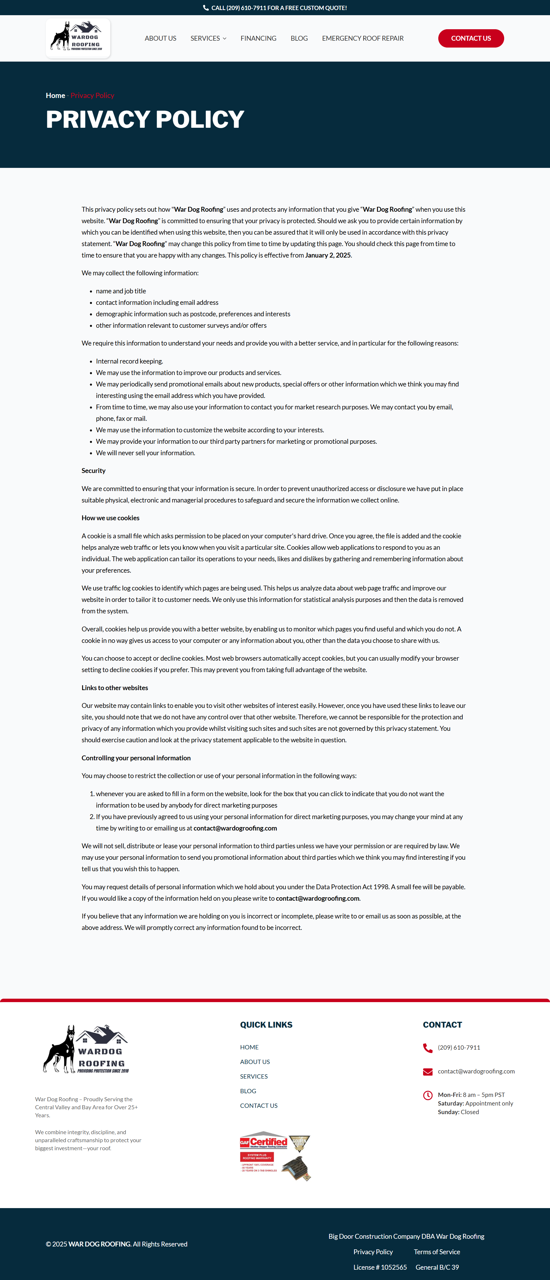 Privacy policy webpage with dark blue header and a white content area of text and links
