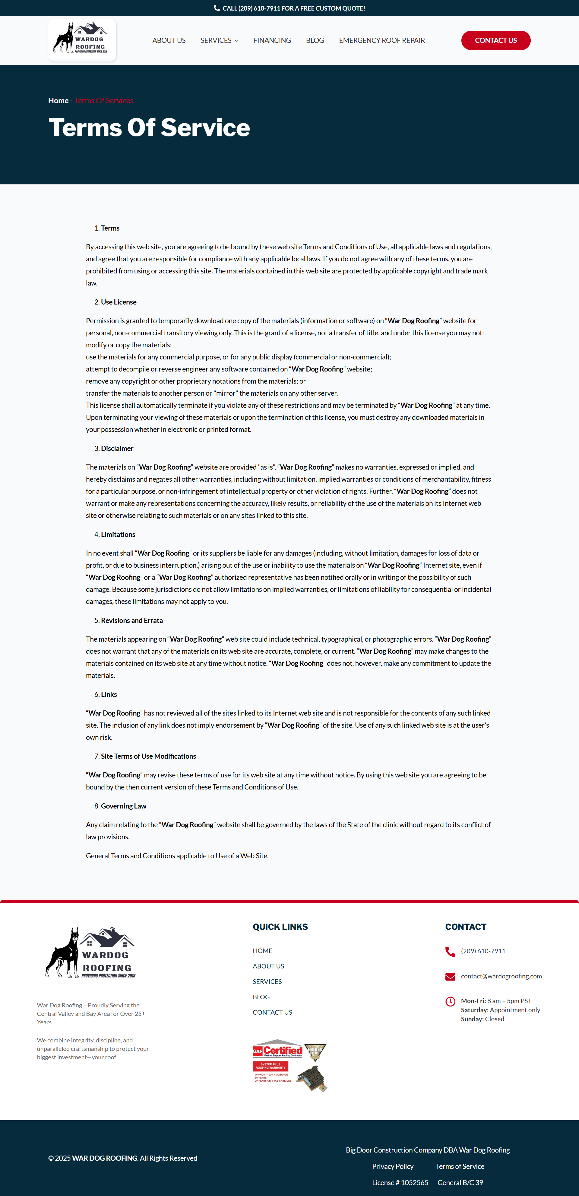 Terms of Service webpage with dark teal header and dense black text on a white background