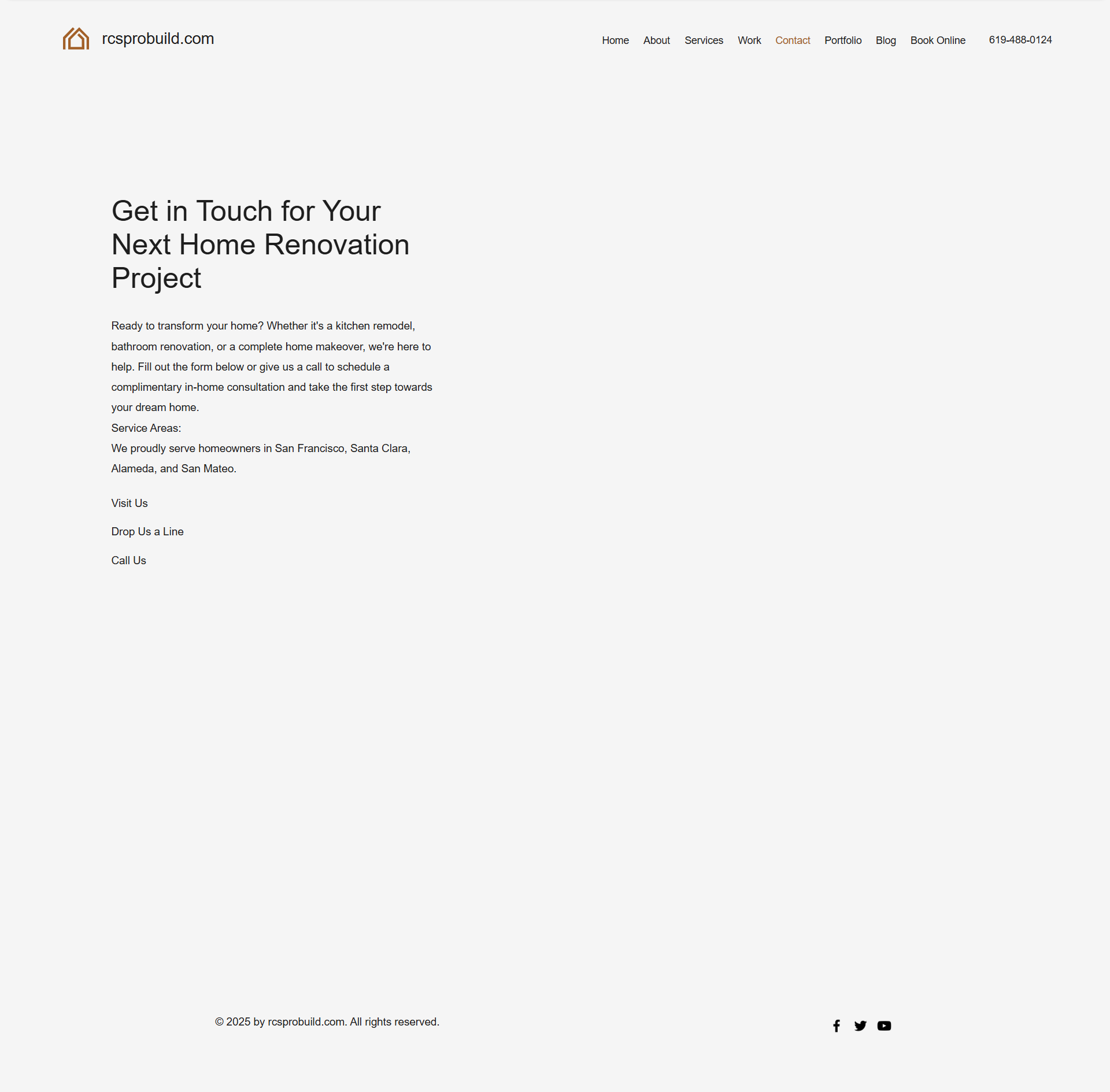 Contact page for a home renovation business with the heading “Get in Touch for Your Next Home Renovation Project.”