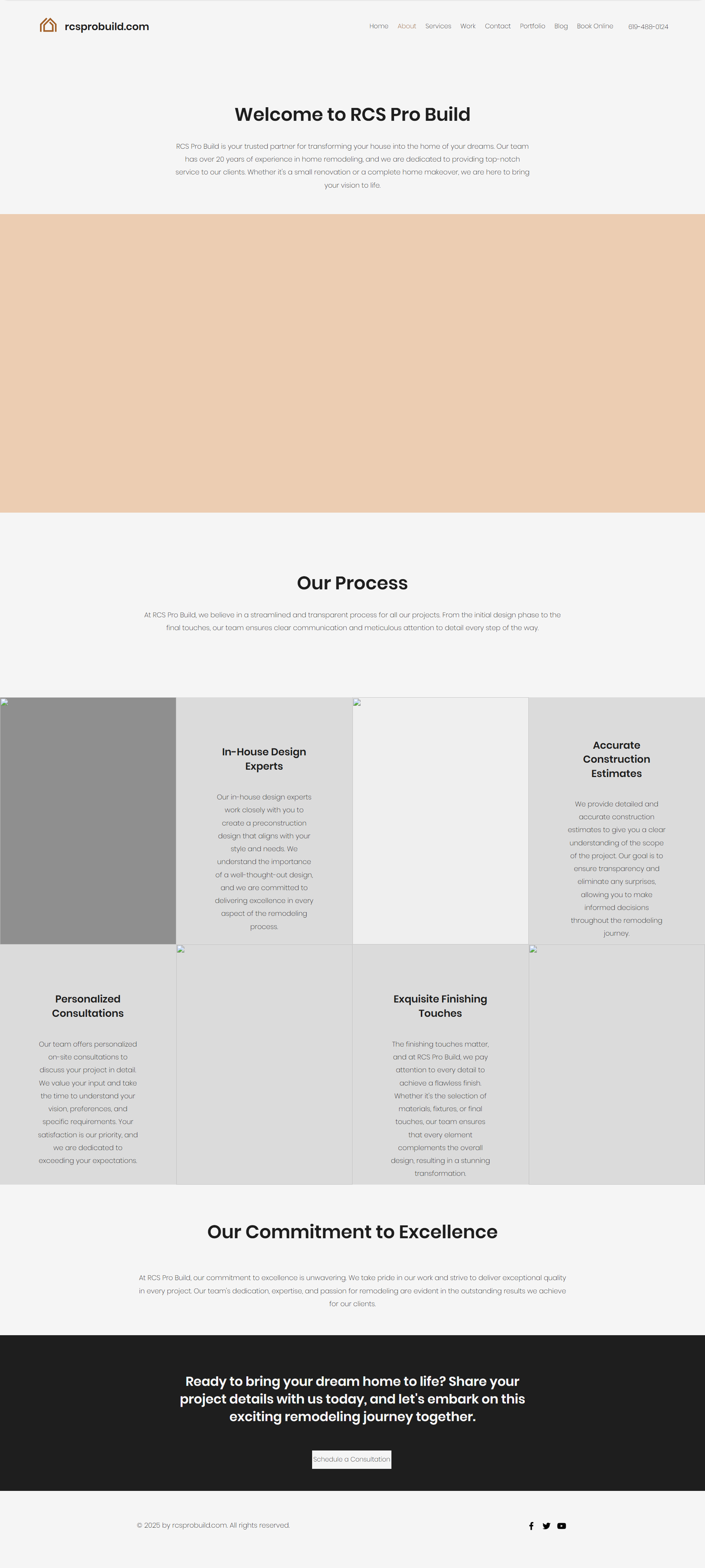 Corporate website landing page with beige hero banner, gray service cards, and dark footer