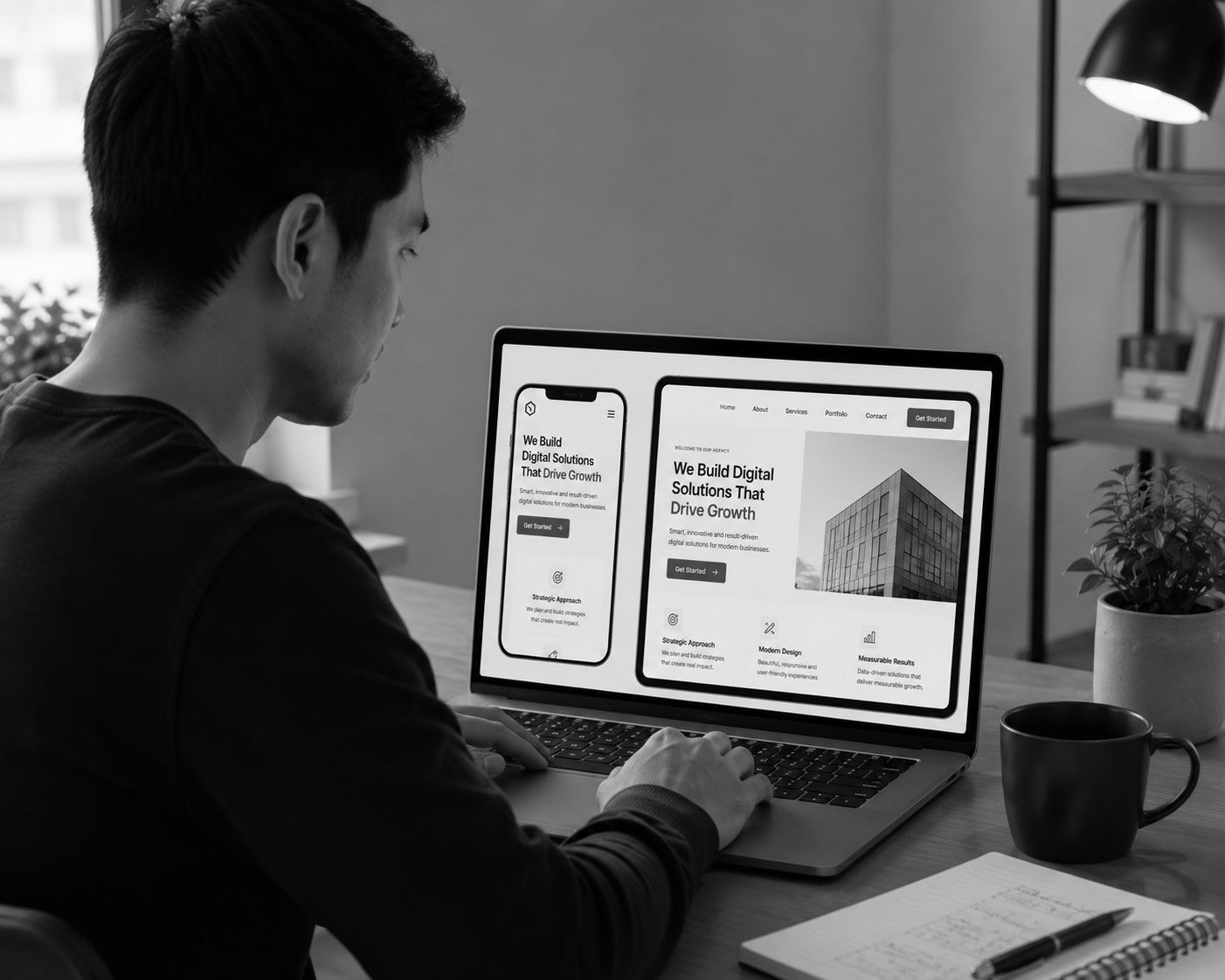 Person working on a laptop at a desk, viewing a website mockup on screen in a black-and-white office scene