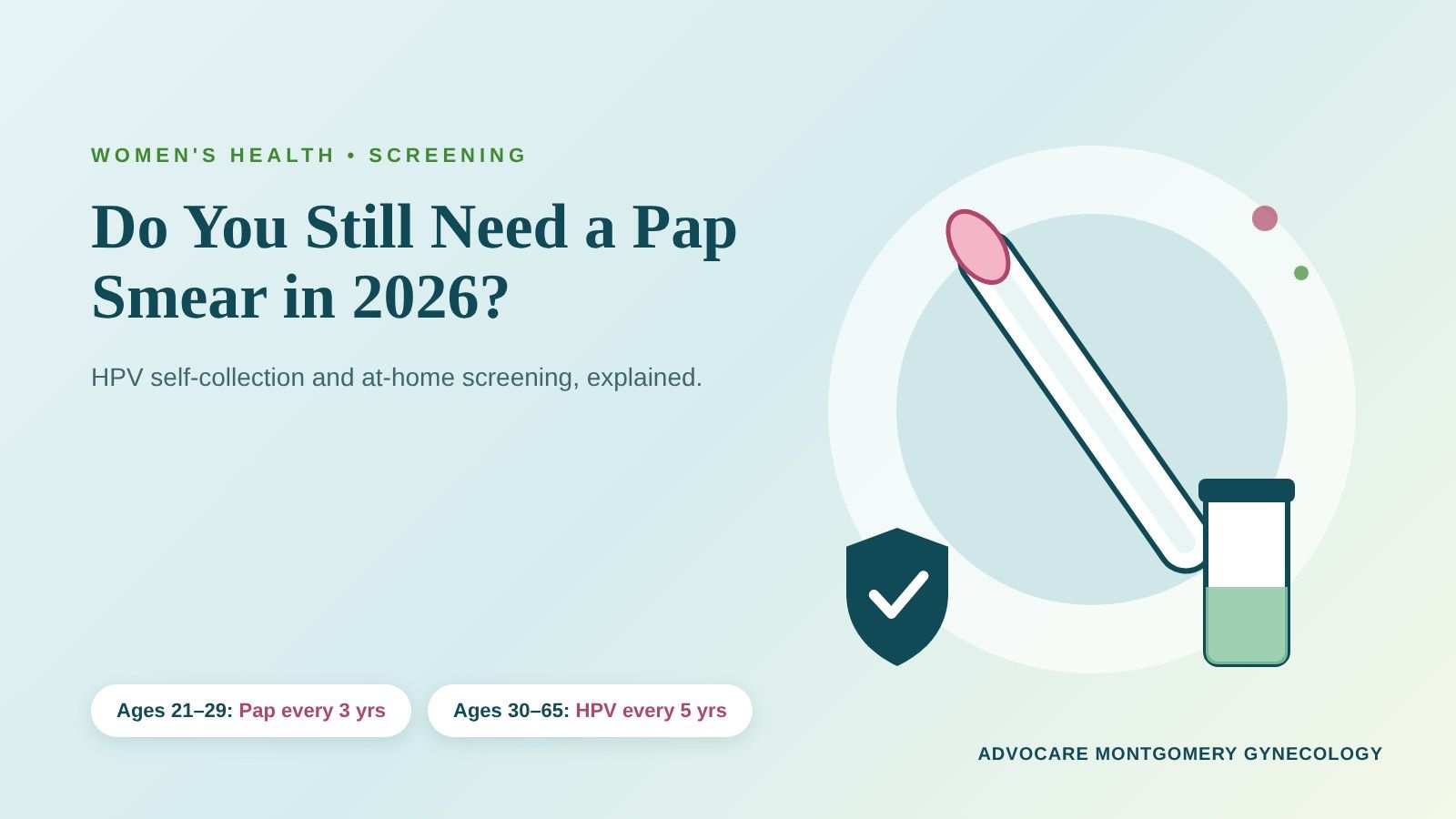 Illustration of an HPV self-collection swab and sample tube with a shield checkmark for a cervical s