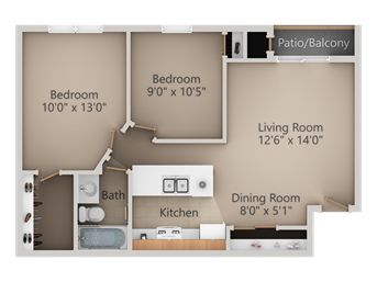 Floor plan of a two-bedroom apartment with a living room, dining area, kitchen, and patio.