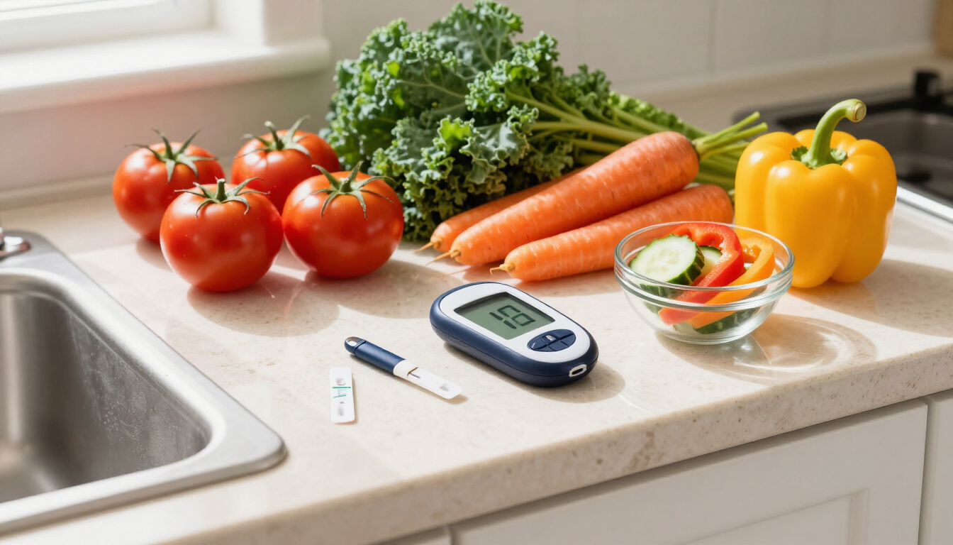 Modern diabetic supplies and healthy food representing management and longevity.