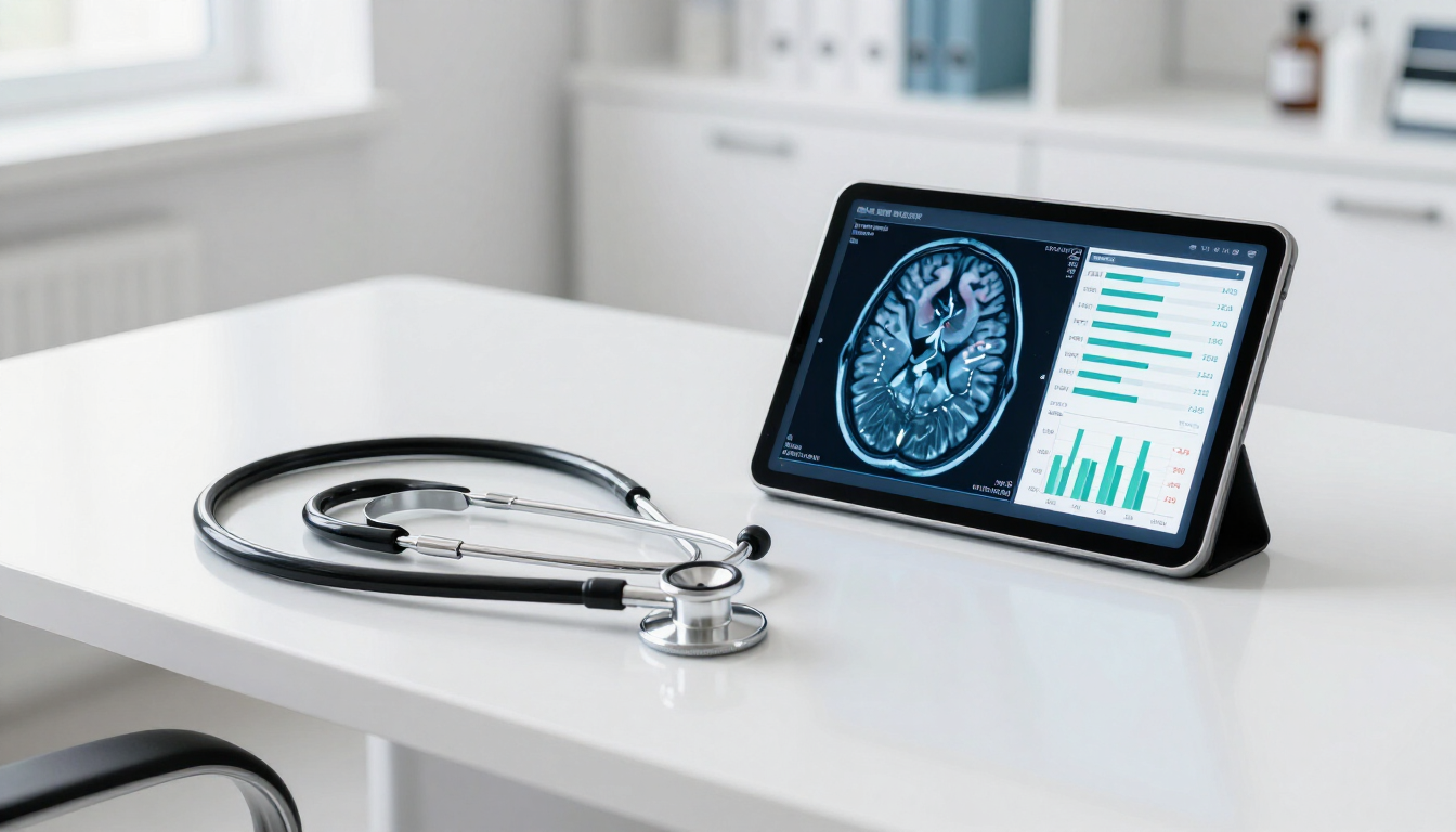 Medical visualization of brain health and blood sugar data on a tablet.