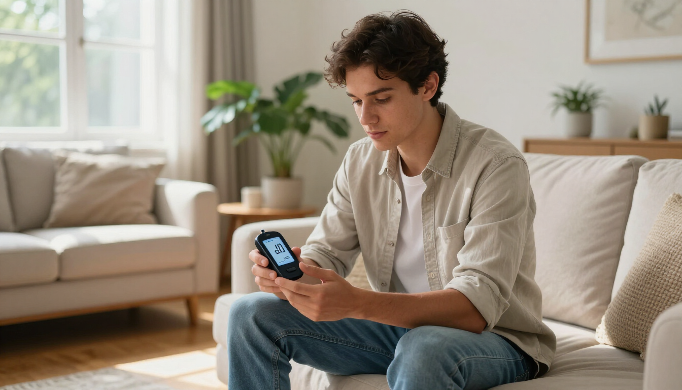 Person with diabetes checking glucose levels on a smartphone monitor