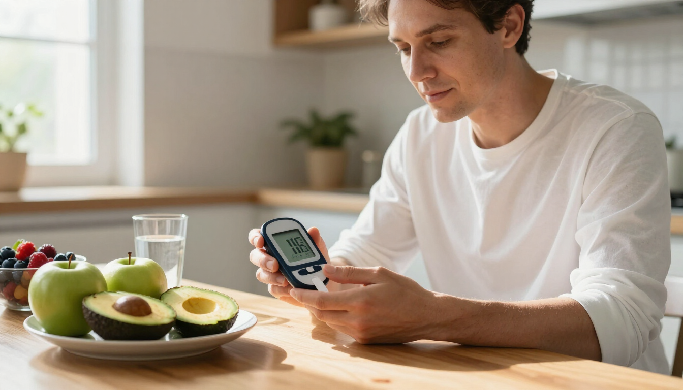 Photorealistic person checking a blood glucose meter at a kitchen table with healthy foods nearby