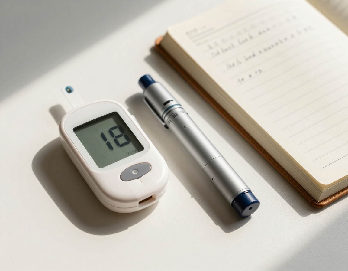 Photorealistic close-up of a continuous glucose monitor and insulin pen beside a diabetes care journal