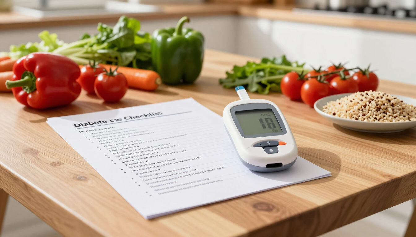 Diabetes checklist, glucose meter, and healthy foods on a kitchen table