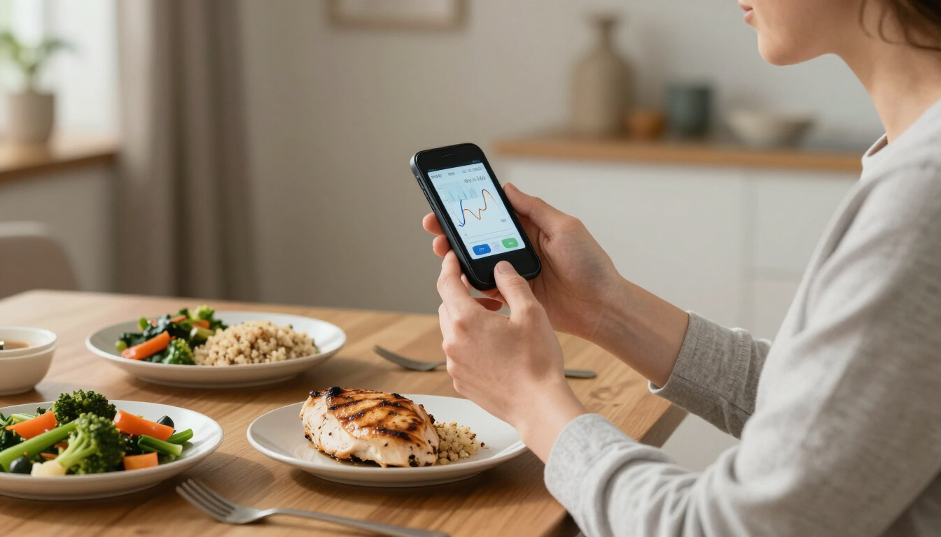 Person checking glucose data on a phone beside a healthy meal