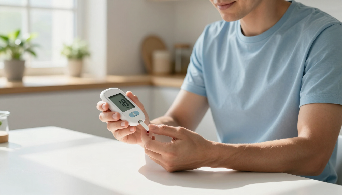 Adult checking blood glucose at home
