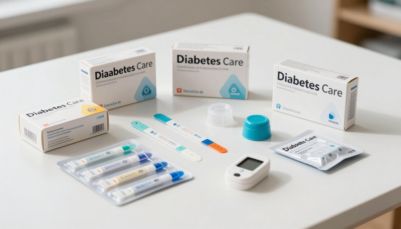 Organized unopened diabetes supplies on a clean table