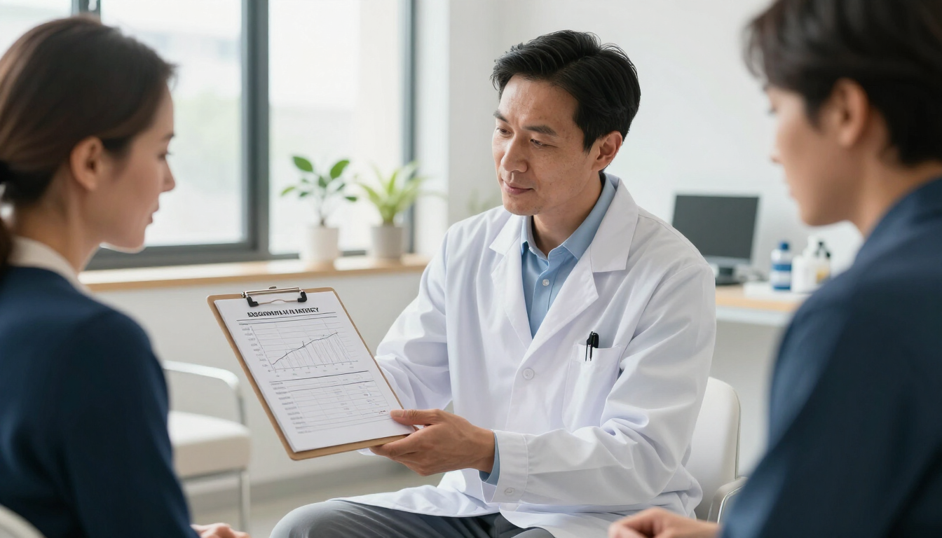 Healthcare professional discussing blood sugar testing results with an adult