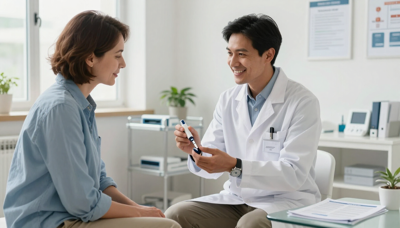 Photorealistic friendly healthcare professional discussing blood glucose testing with an adult in a calm clinic