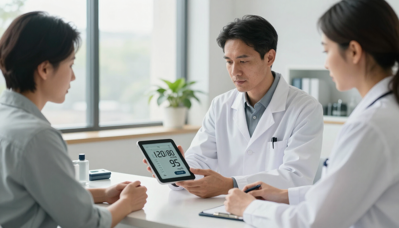 Can diabetes cause high blood pressure? Patient reviewing blood pressure and diabetes readings with a clinician