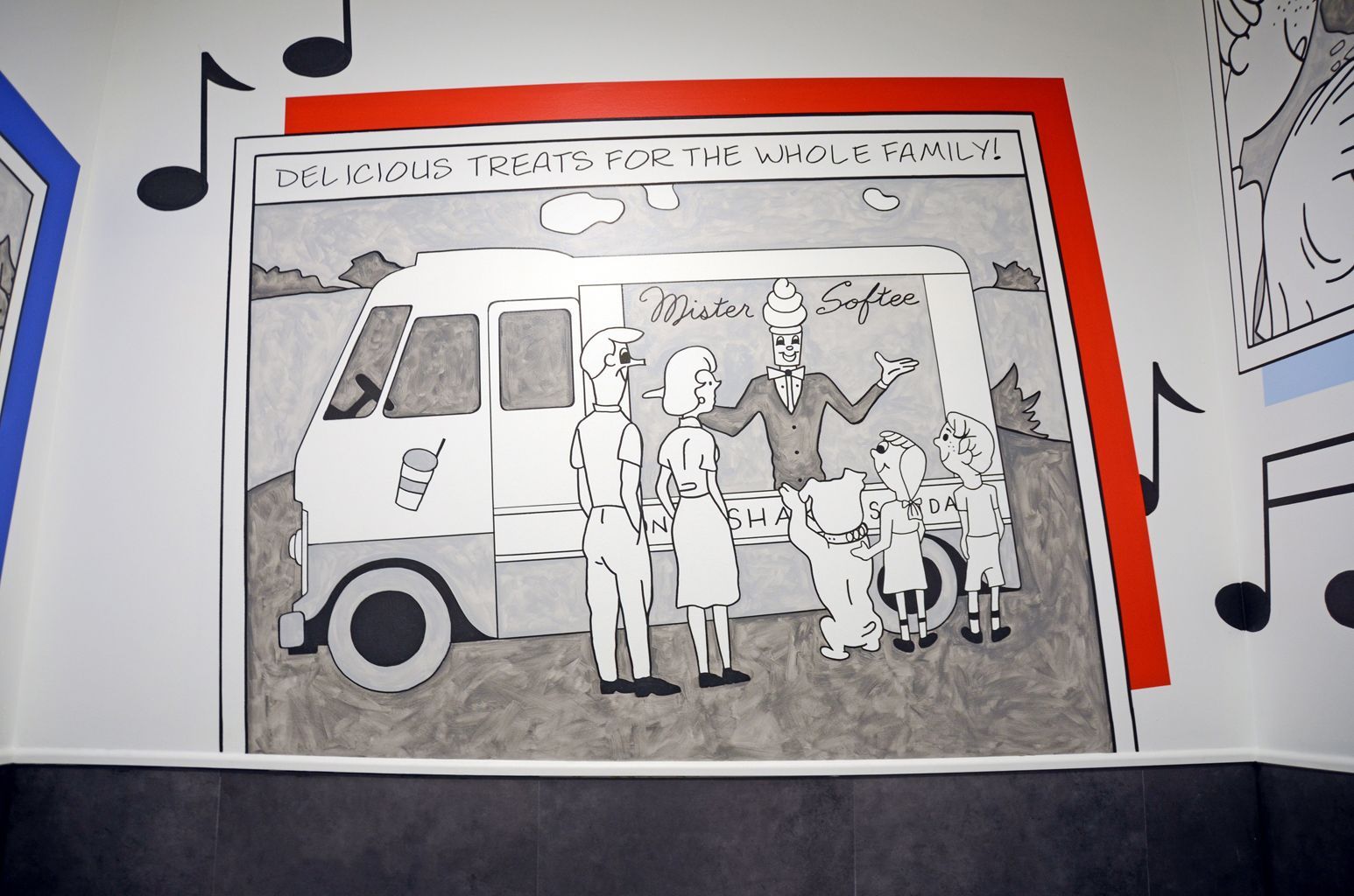 Illustration of an ambulance with people gathered beside it, framed by a red border and music notes on a wall.
