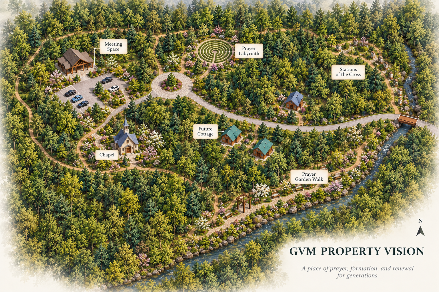 Grace Valley conceptual property master plan showing the meeting space, chapel, prayer labyrinth, Stations of the Cross, future cottages, and prayer garden walk.