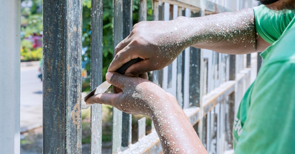 Person scraping paint from a metal fence with a tool outdoors.
