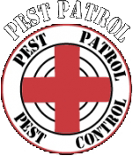 A logo for pest patrol pest control with a red cross in the center.