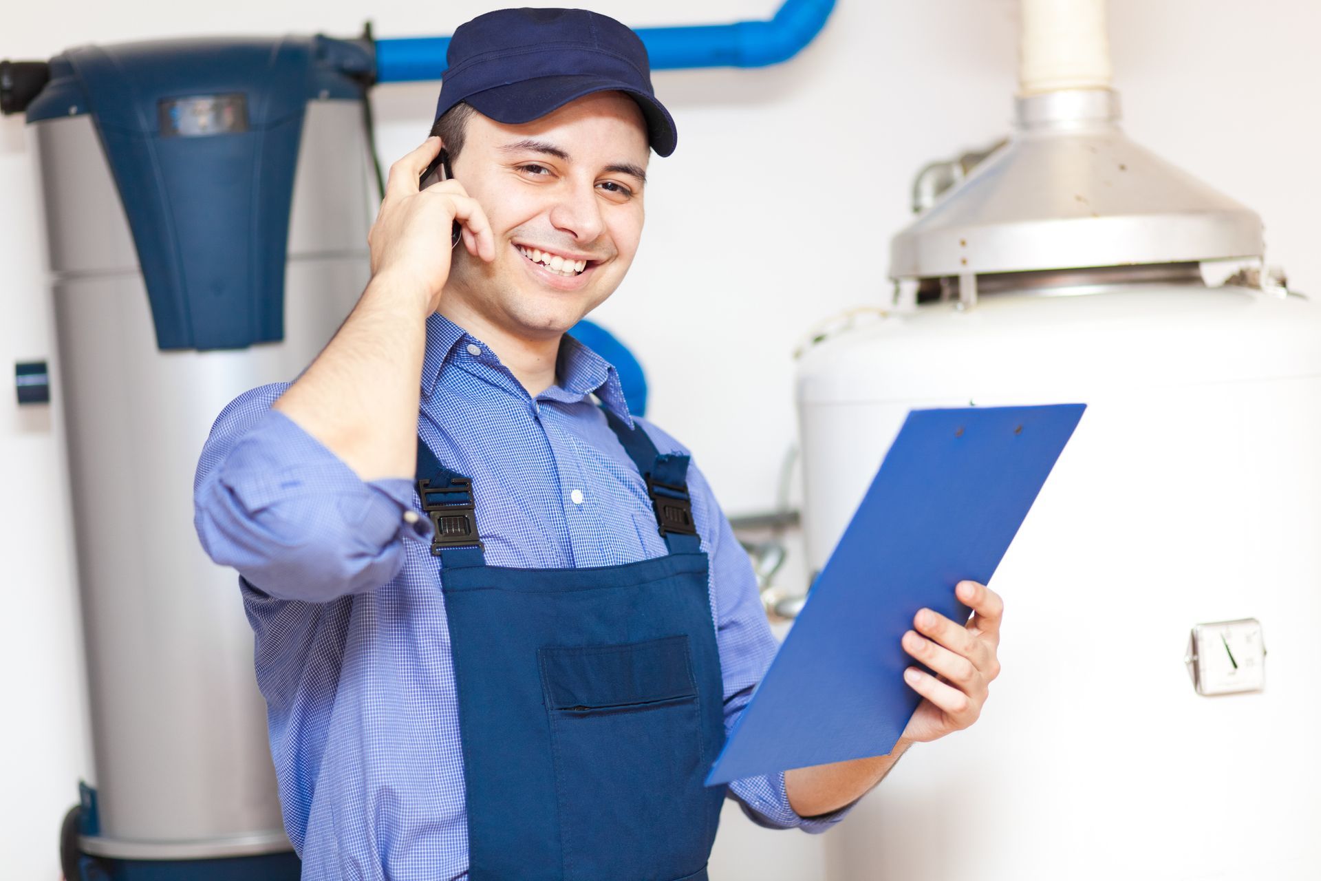 A man is holding a clipboard and talking on a cell phone.