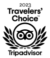 2023 TripAdvisor Travelers' Choice award badge. Black text and logo on a white background.