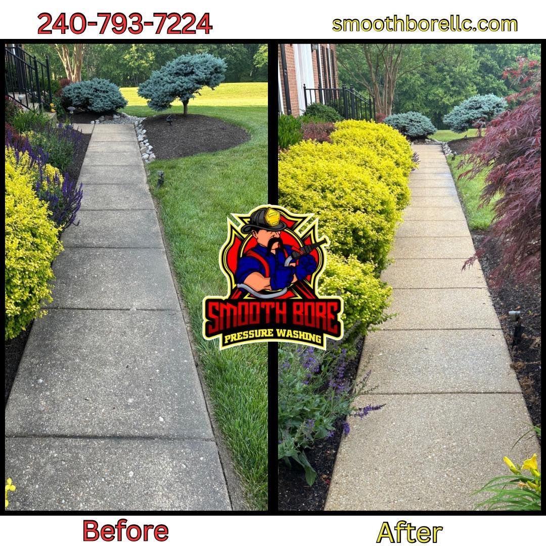Concrete Walkway — Brookeville, MD — Smooth Bore Pressure Washing LLC A before and after photo of a concrete walkway