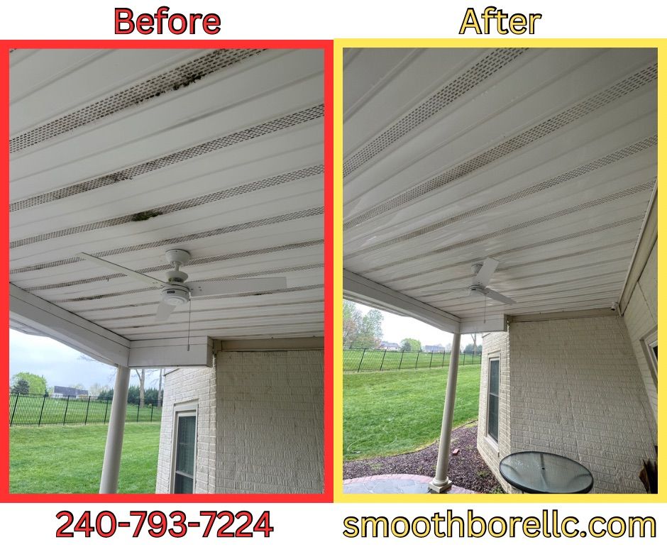 Ceiling Fan — Brookeville, MD — Smooth Bore Pressure Washing LLC A before and after photo of a porch with a ceiling fan