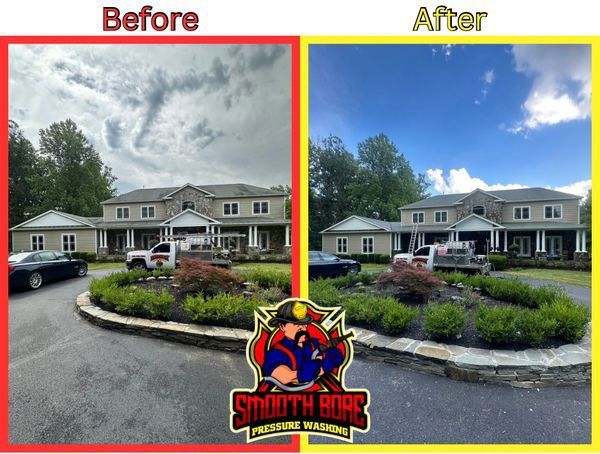 A before and after picture of a house with a logo for strength home
