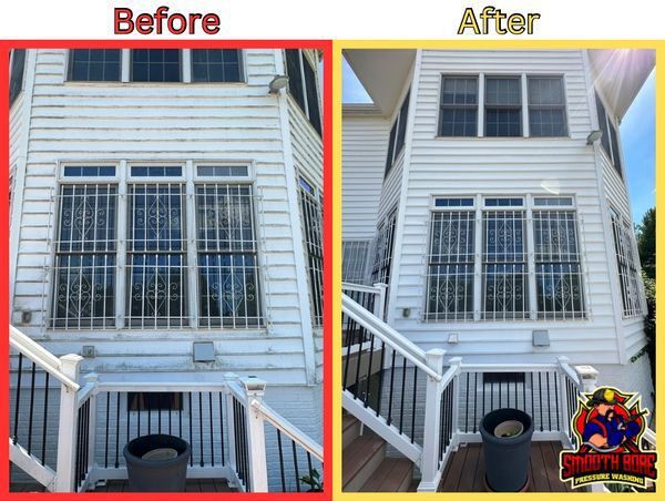 A before and after picture of a house with stairs