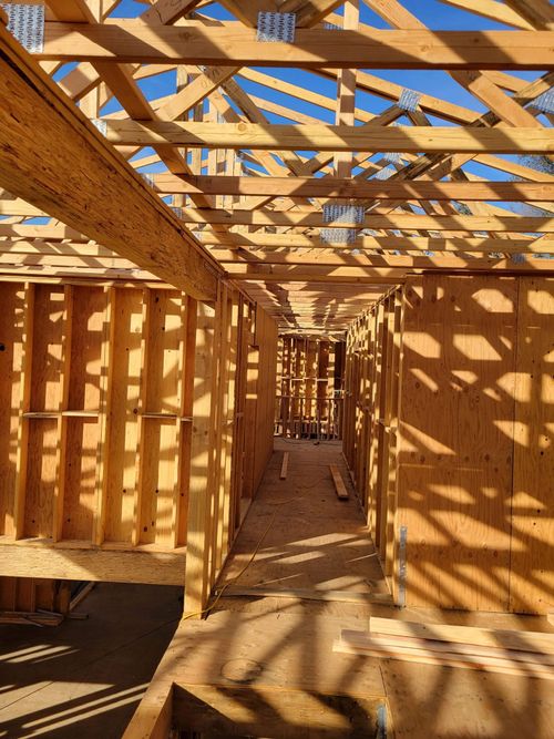 Framed wooden house interior under construction with exposed beams and sunlight casting shadows.