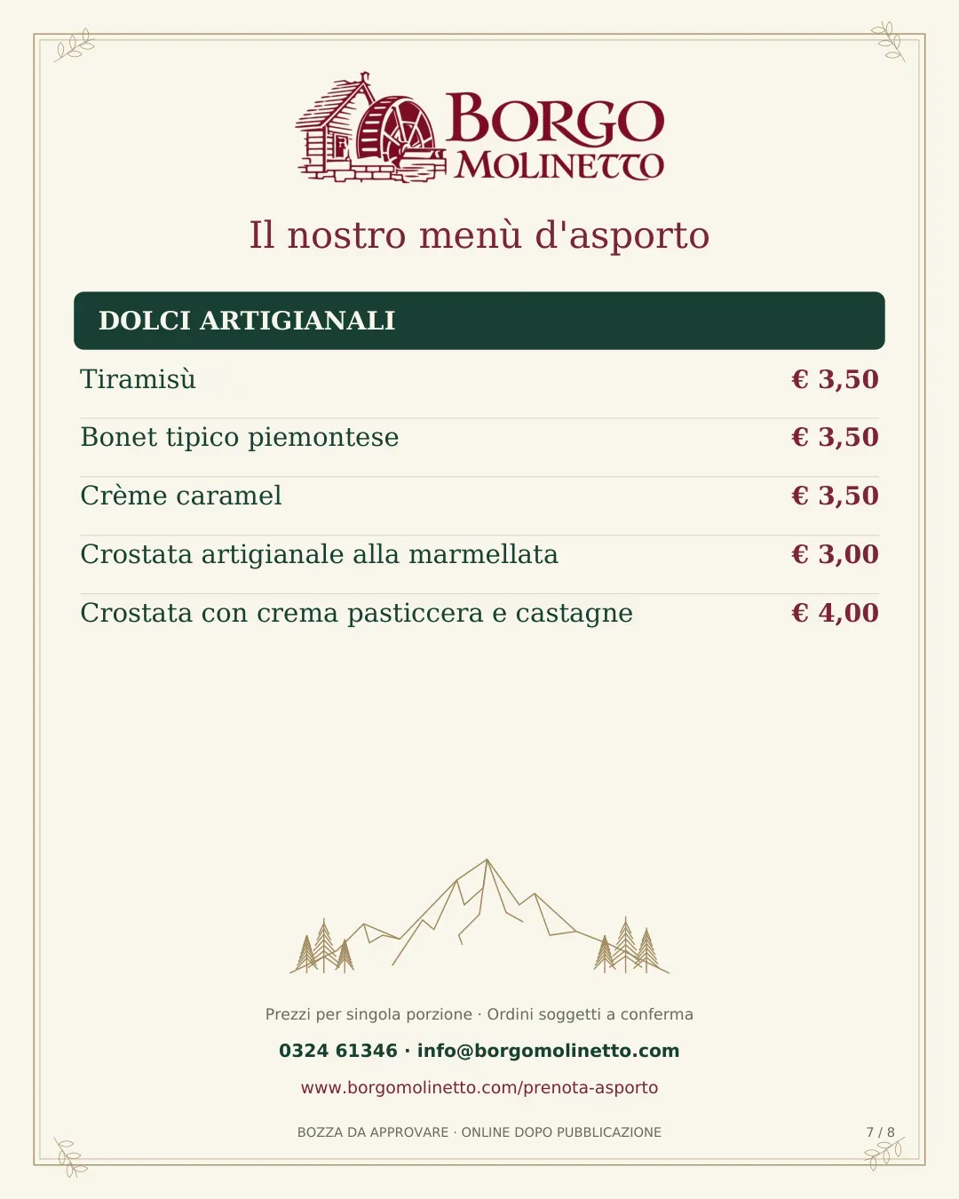 Menù asporto approvato — pagina 7; piatti e prezzi riportati anche nel testo precedente
