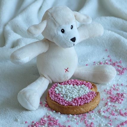 Een knuffeldier zit naast een hartvormig koekje bedekt met roze spikkels