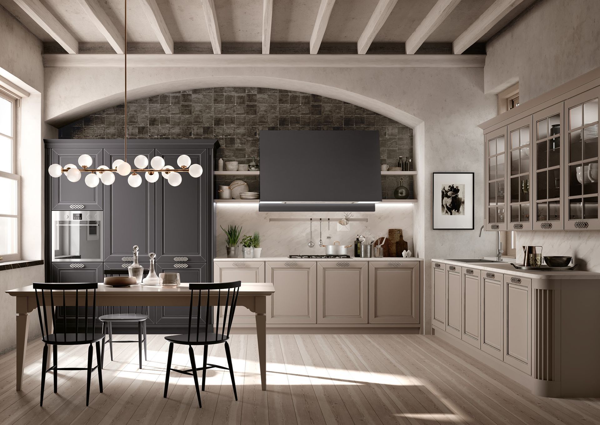 Una cucina con tavolo e sedie