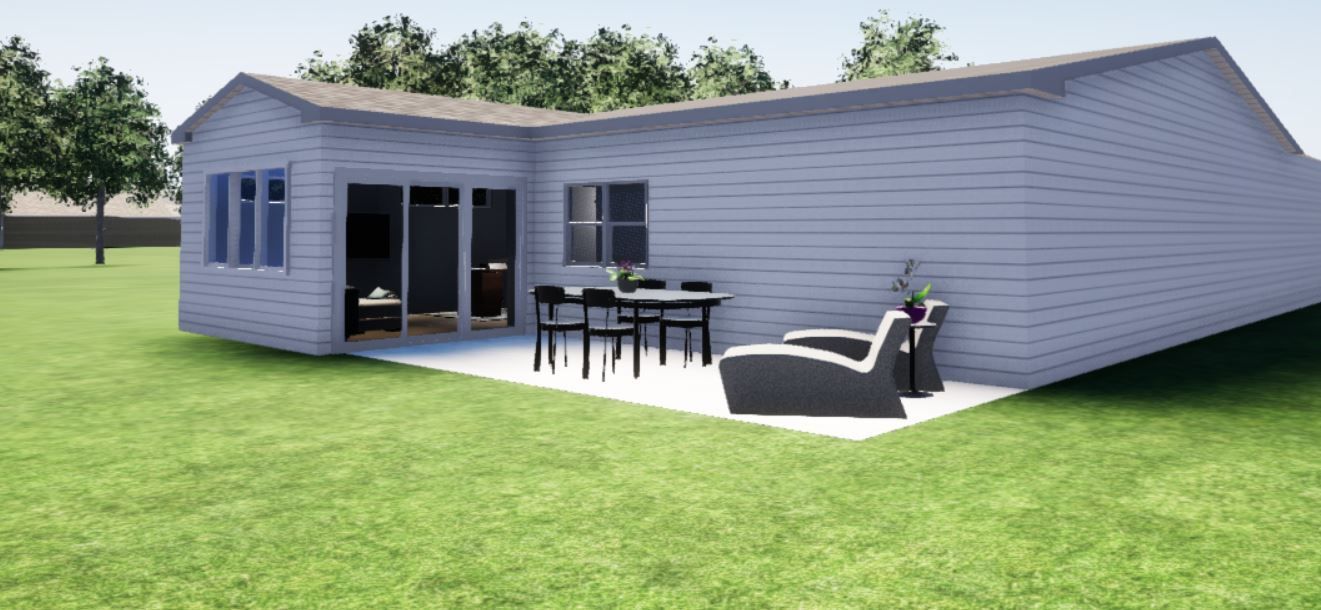 An artist 's impression of a house with a patio and a table and chairs.