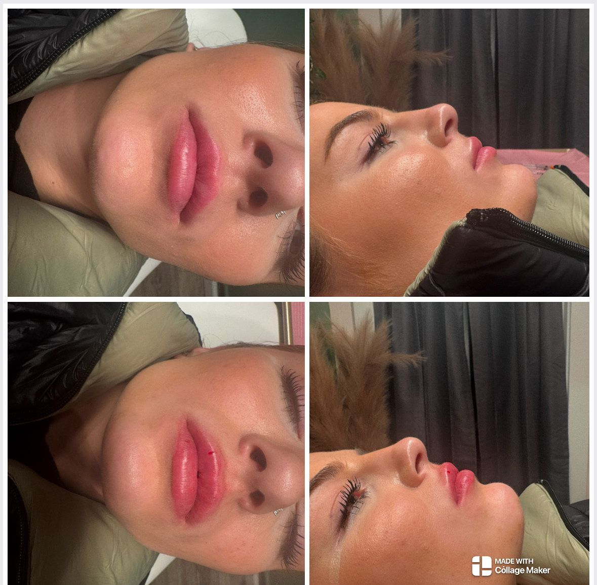 A woman with red lips is laying down with her eyes closed.